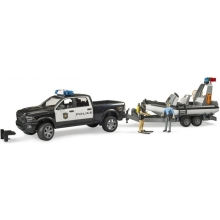 Toy set. RAM 2500 police car with trailer, boat and figures, Bruder (25076)