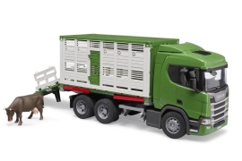Toy set. Scania Super 560R animal transport vehicle with cow, Bruder (35488)