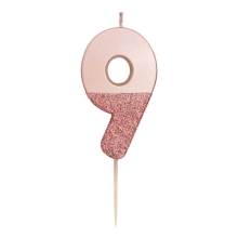 Festive candle Talking Tables WE HEART number 9, rose gold with sparkles