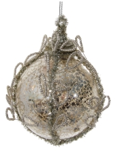 Стеклянный новогодний шар античный, Shishi, с бусинами и мишурой, 8 см, арт. 52066