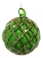 Скляна новорічна куля з конусами, Shishi, зелена із золотим блиском, 8 см, арт. 58282