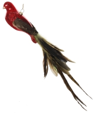 Новогодний декор Стеклянная птичка с хвостом из перьев, Shishi, красная, 50 см, арт. 58503