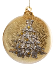 Стеклянный новогодний шар золотой с ёлкой, Shishi, 10 см, арт. 55506