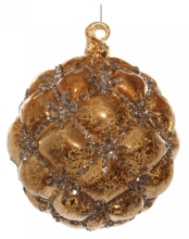 Glass New Years ball with cones and gold glitter, Shishi, brown-gold, 10 cm, art. 54232