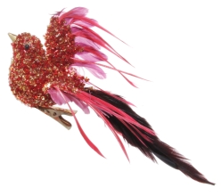 New Years decor Bird made of feathers and beads with a clothespin, Shishi, red, 21 cm, art. 55578