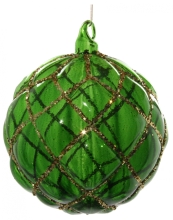 Скляна новорічна куля з конусами, Shishi, зелена із золотим блиском, 12 см, арт. 58284