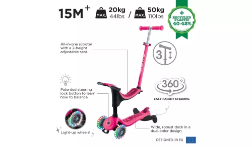 Самокат серии GO UP SPORTY 360 фуксия, до 20-50кг 1+, колеса с подсветкой, Globber (11420) / Самокаты № 4