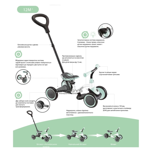 Kids bike GLOBBER series LEARNING BIKE 3 in 1, mint, up to 20 kg, 4 wheels (638-206) / Bicycles № 3 Kids Republic Kids bike GLOBBER series LEARNING BIKE 3 in 1, mint, up to 20 kg, 4 wheels (638-206) / Bicycles № 3
