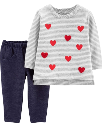 Carters Комплект дитячий футболка-лонгслів з вишитими сердечками та легінси День Валентина 12M (72-76 см)