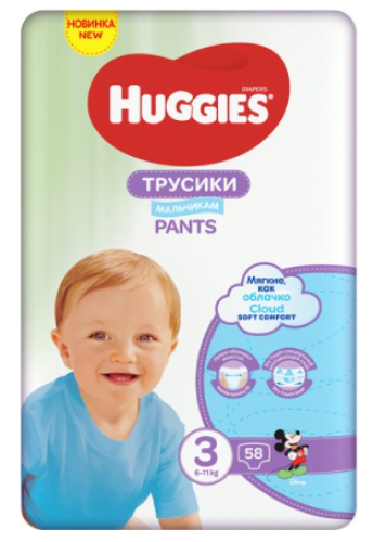 Подгузники-трусики для мальчиков Pant 3 Low Mega, Huggies, 6-11 кг, 58 шт.