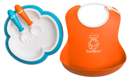 Spoon and Fork Baby Bib Orange and Turquoise Bib Set, Baby Bjorn™ Sweden