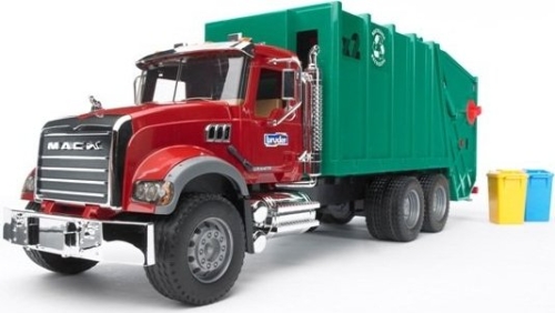 Garbage truck Mack Granite, Bruder, M1:16, with 2 garbage containers, art. 02812