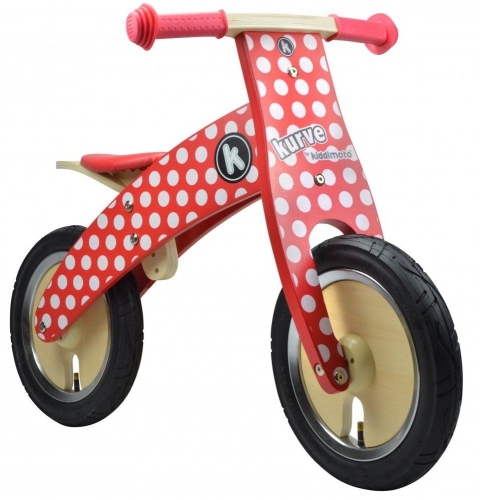 Беговел 12 Kiddi Moto Kurve деревянный, красный в белый горошек (SKD-72-44) / Весна-Осень