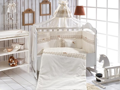 Baby Crib Bedding Set with Protection Momishop RUYA - 9 Pieces, Cream, Momishop [6014] Turkey