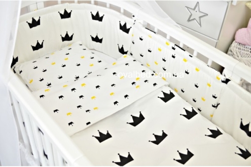 Ovalbed® Постельный набор 8в1 Короны черно-желтые(сатин) / Детская постель Kids Republic Ovalbed® Постельный набор 8в1 Короны черно-желтые(сатин) / Детская постель